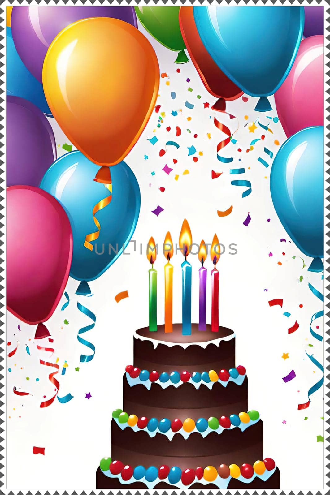 birthday card with cake and balloons on background. vector illustration.Birthday cake with candles, balloons and confetti. Birthday card with cake, balloons, confetti and ribbons. Birthday concept.