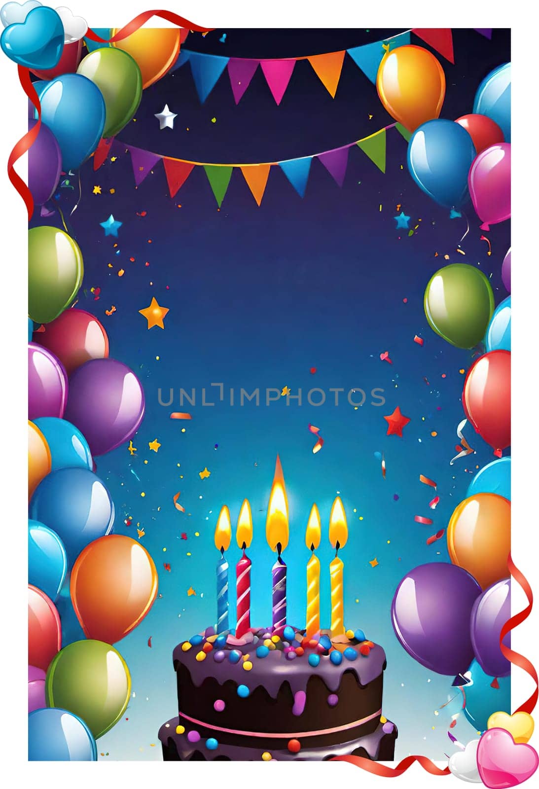 birthday card with cake and balloons on background. vector illustration.Birthday cake with candles, balloons and confetti. Birthday card with cake, balloons, confetti and ribbons. Birthday concept.