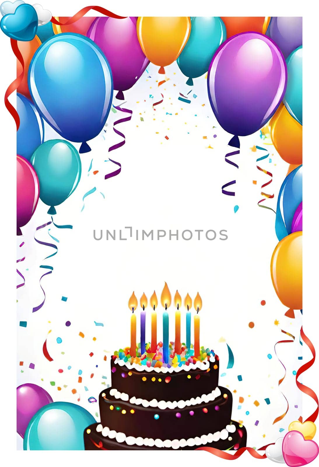 birthday card with cake and balloons on background. vector illustration.Birthday cake with candles, balloons and confetti. Birthday card with cake, balloons, confetti and ribbons. Birthday concept.