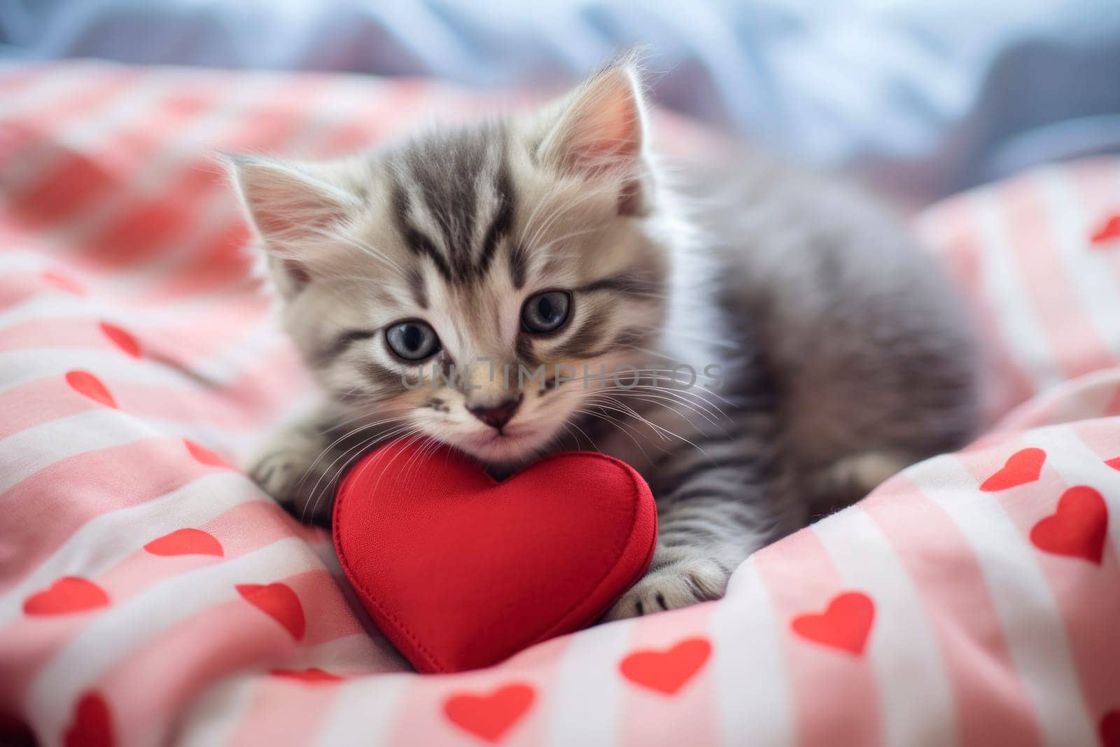 An adorable tabby kitten embraces a red heart-shaped pillow, symbolizing love and affection, on a cozy heart-print comforter.