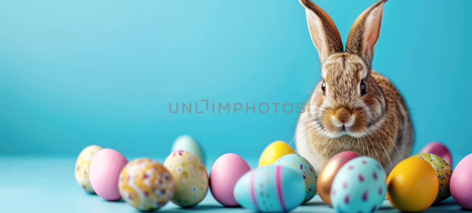 Easter banner with colorful painted eggs and a little bunny rabbit on a blue background with copy space. Happy Easter greeting card.