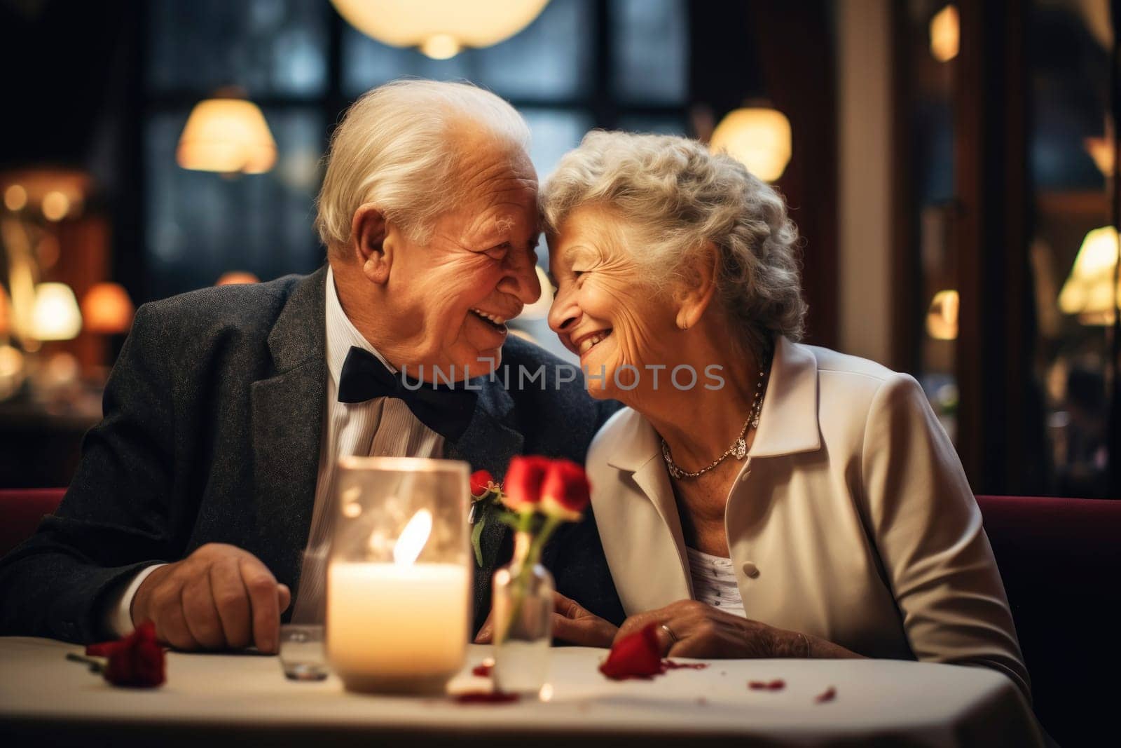 Happy elderly couple spending time together in romantic restaurant. Happy old aged family marriage anniversary celebration