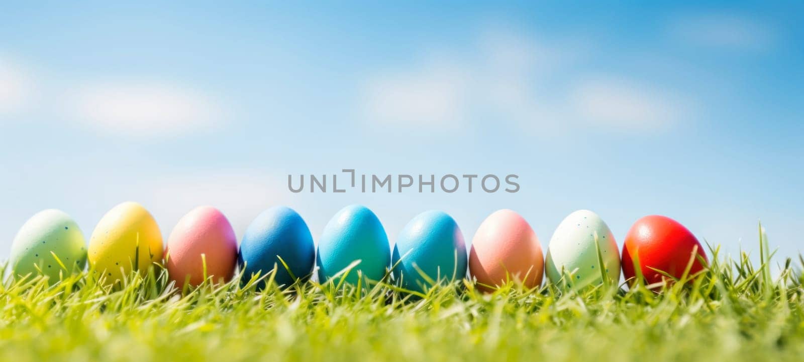 Colorful Easter Eggs Lined Up on Sunny Grass by andreyz