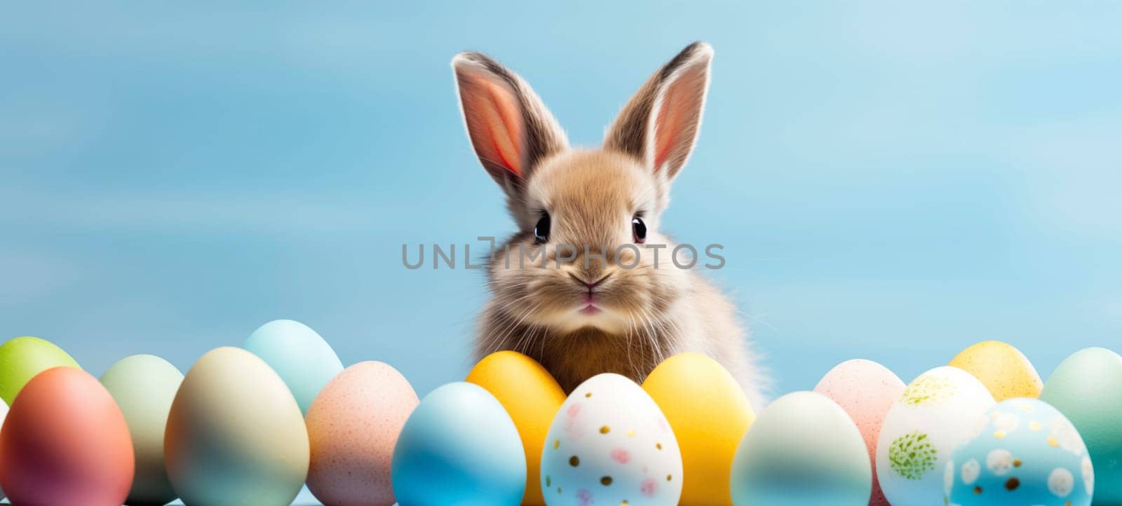 Adorable brown bunny peeking over a row of pastel-colored Easter eggs against a clear blue sky, perfect for festive springtime celebrations.