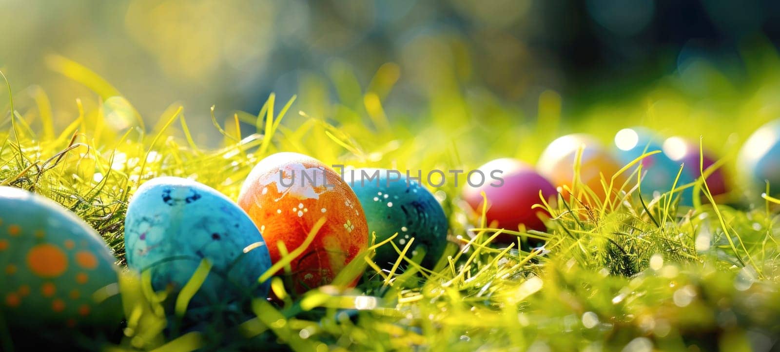 Dew-kissed Easter eggs displaying a variety of colors and patterns rest gently within the bright, sunlit blades of fresh morning grass.