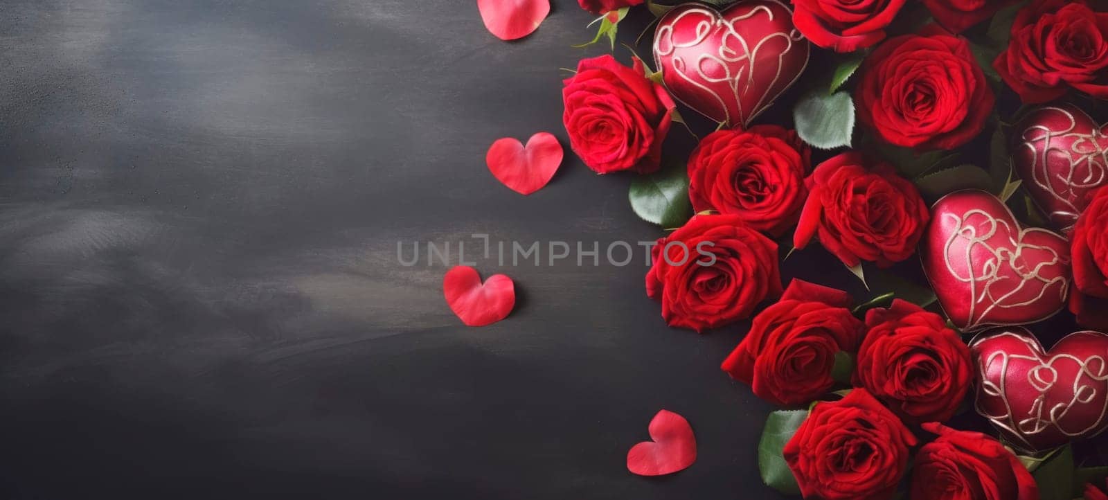 Roses, petals and hearts on a dark background with copy space. Valentine's Day background.