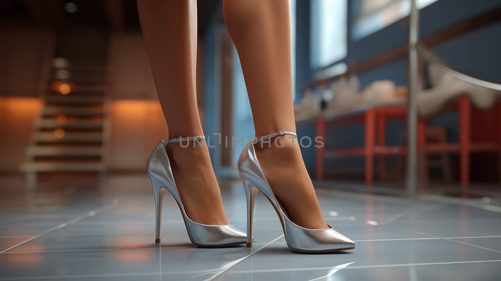 A woman's legs in silver high heels, poised on a sleek interior floor.