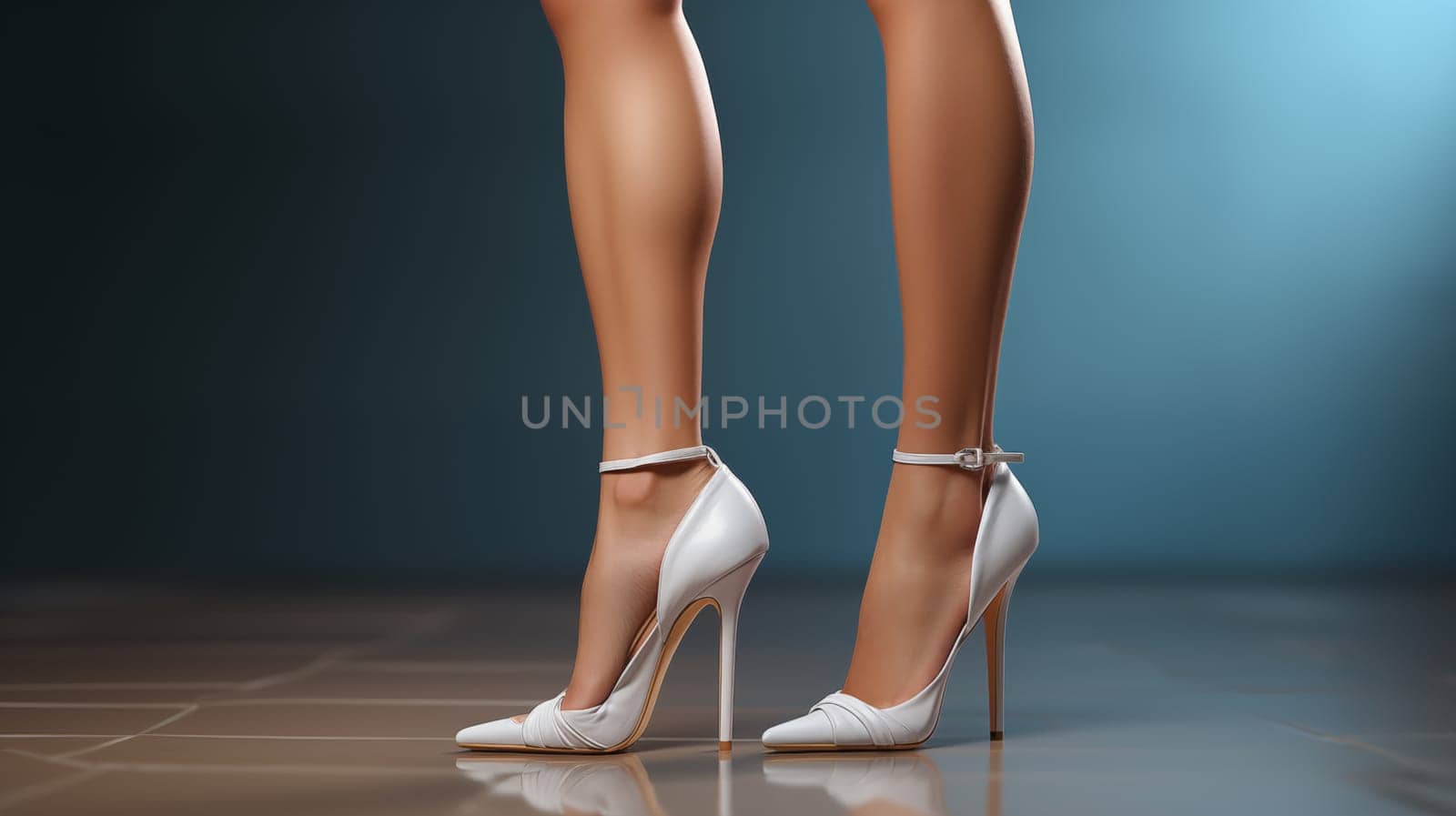 Sleek white heels adorned on slender legs, against a dark backdrop by Zakharova