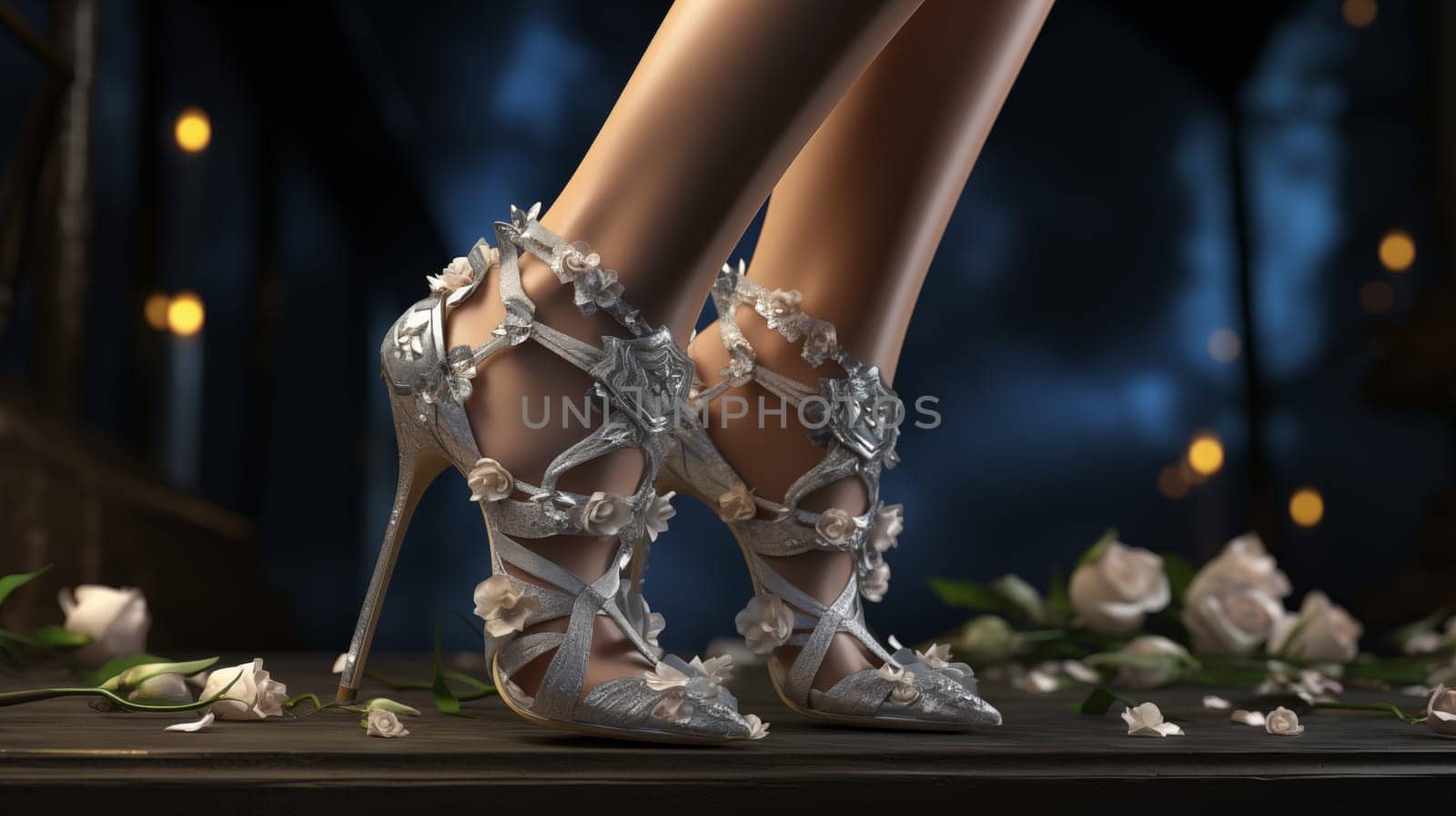 Graceful silver heels with star and floral decorations, set among roses on a mystical night by Zakharova