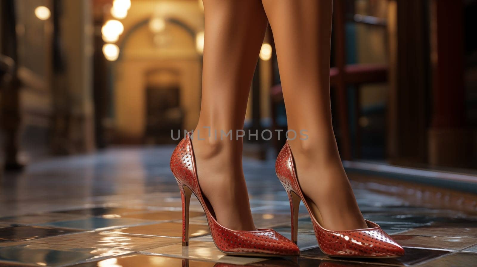 A pair of red ostrich leather high heel pumps on a polished hallway floor.