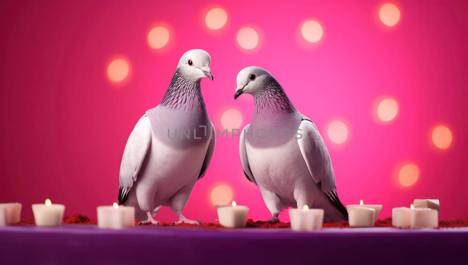 Purity in Flight: A Closeup Portrait of Two Cute Gray Pigeons, Symbol of Love and Peace, Sitting on a Green Tree Branch against a Blue Sky Background by Vichizh