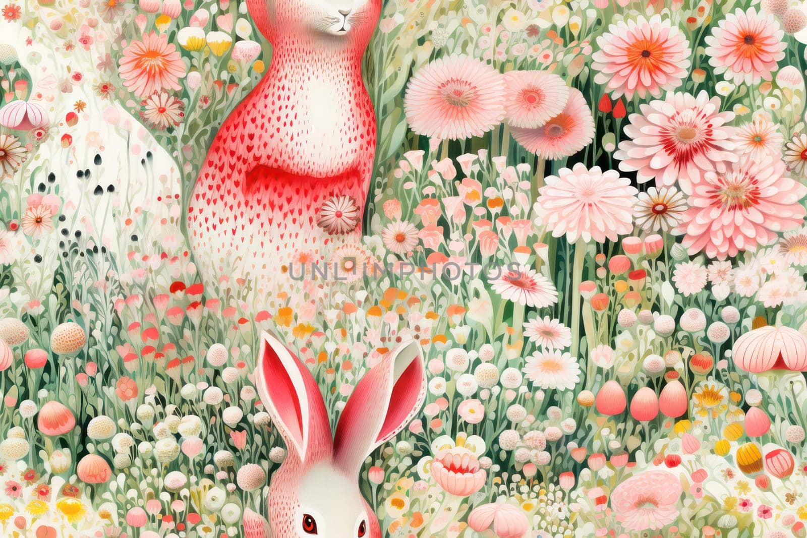 Whimsical Rabbit's Delight: A Charming, Cute Floral Bunny Cartoon - a Seamless Pattern Illustration with Happy, Vintage, and Romantic Vibes.