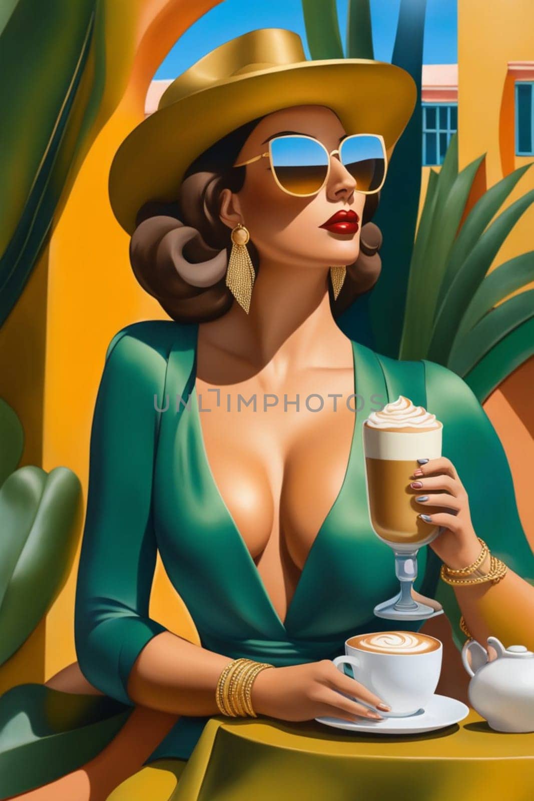 iilustration of voluptous female model having latte macchiato relax outdoors poolside in villa by verbano