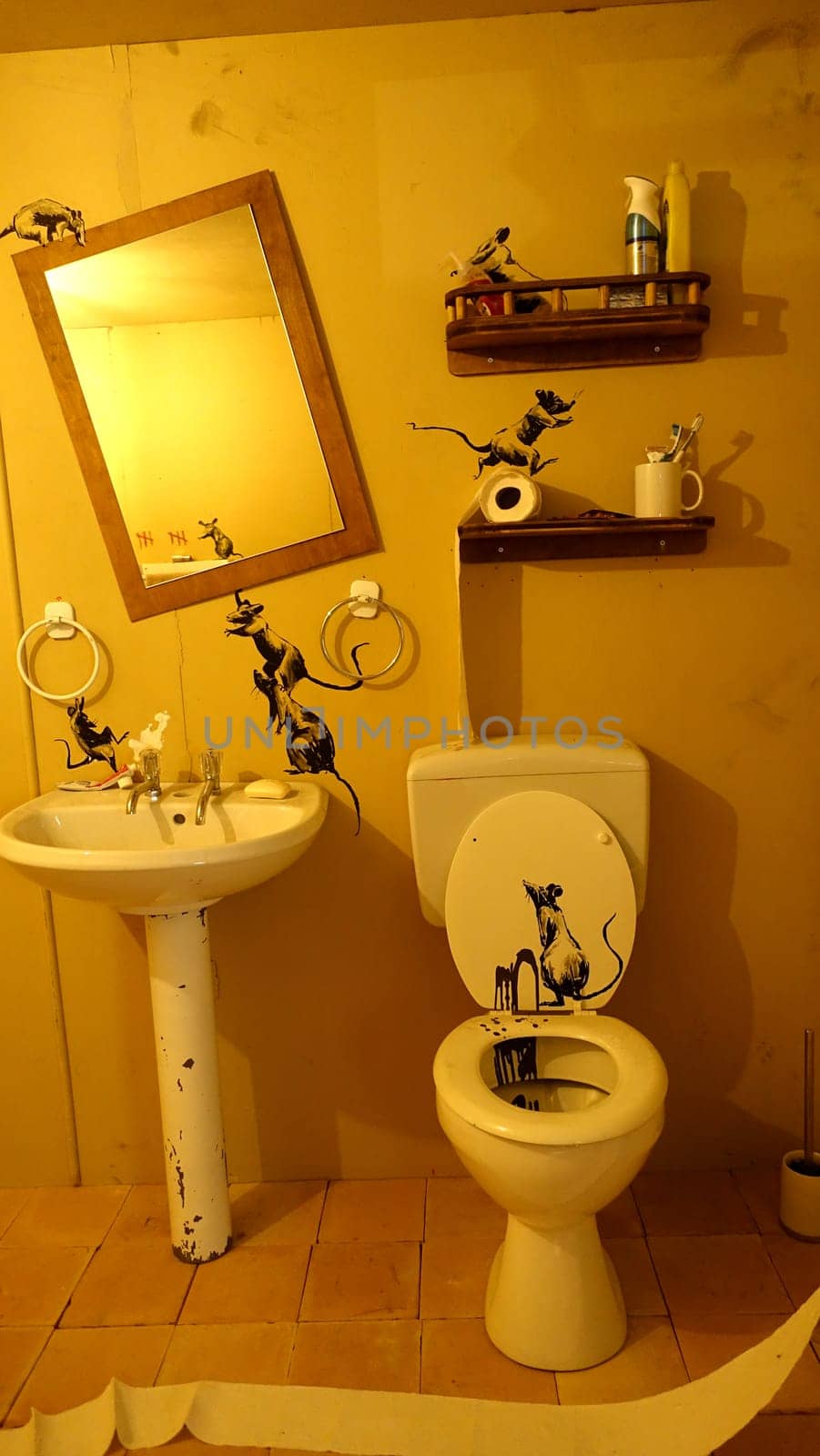 Stockholm, Sweden, December 29 2023. Art exhibition. The mystery of Banksy A genius mind. Bathroom.