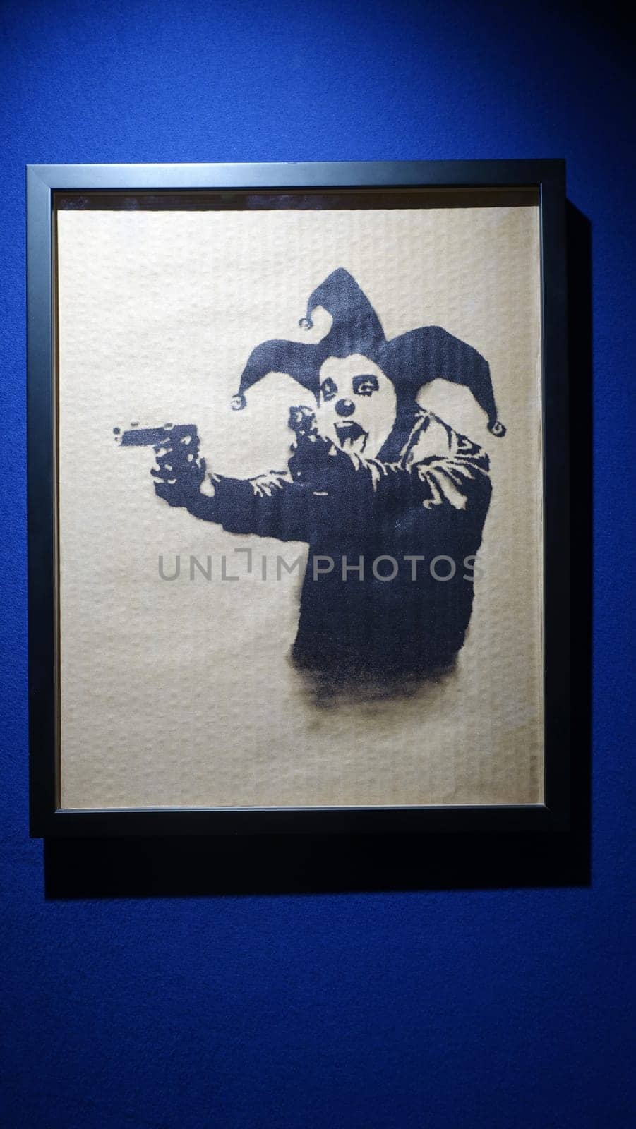 Stockholm, Sweden, December 29 2023. Art exhibition. The mystery of Banksy A genius mind. Joker.