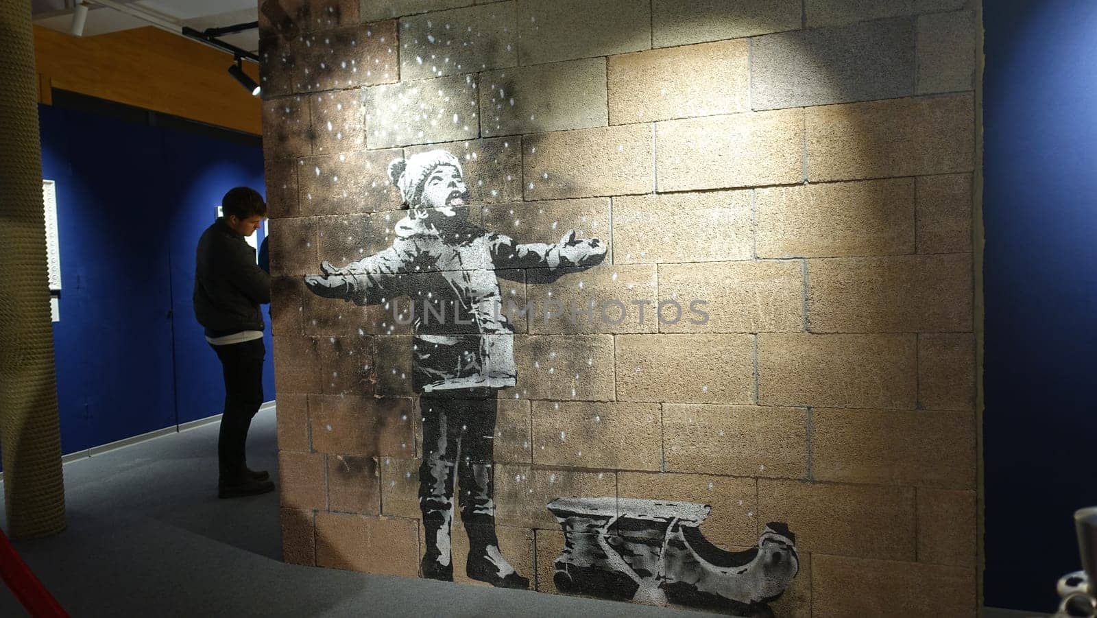 Stockholm, Sweden, December 29 2023. Art exhibition. The mystery of Banksy A genius mind. Winter.