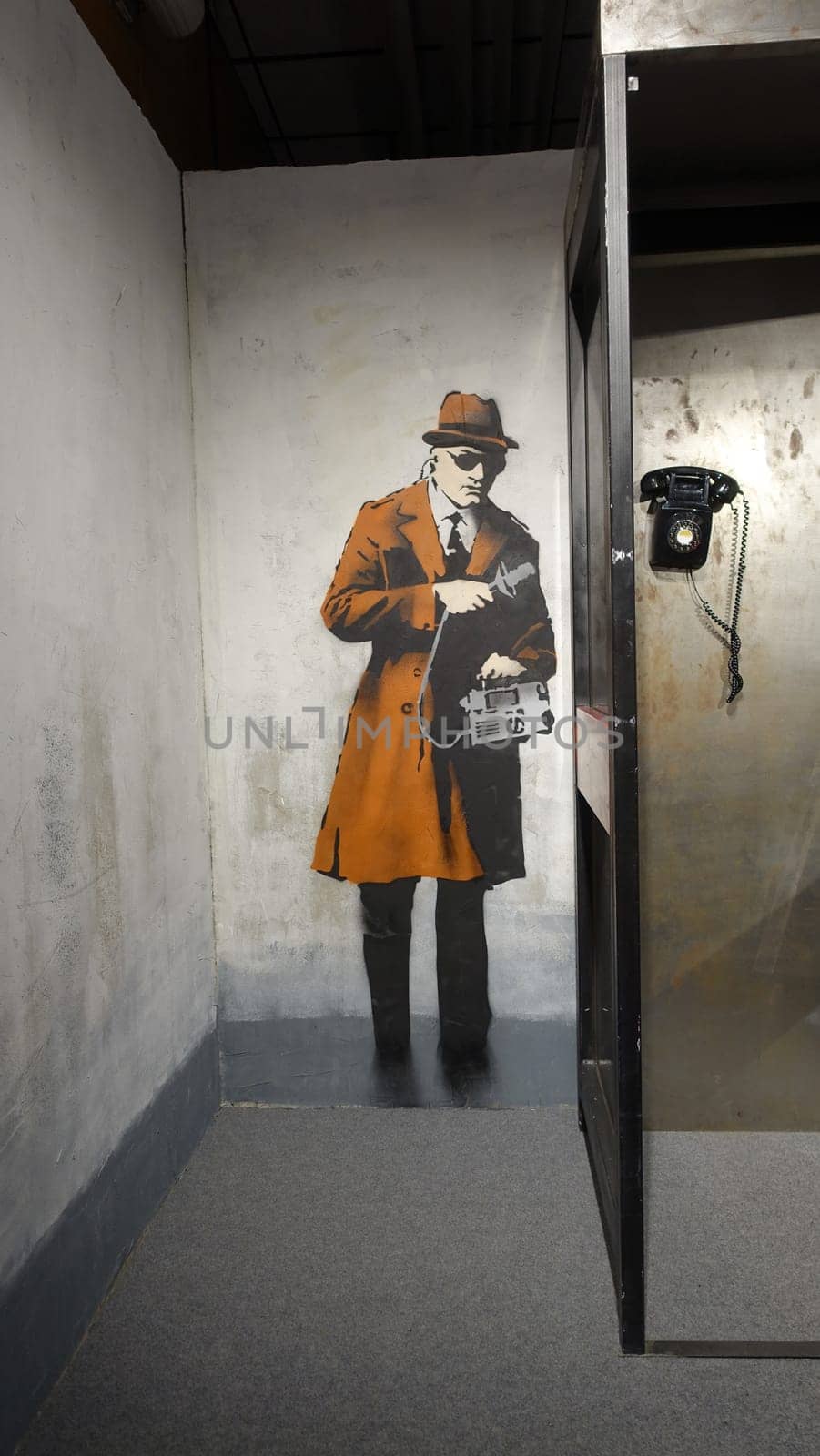 Stockholm, Sweden, December 29 2023. Art exhibition. The mystery of Banksy A genius mind. Spying.