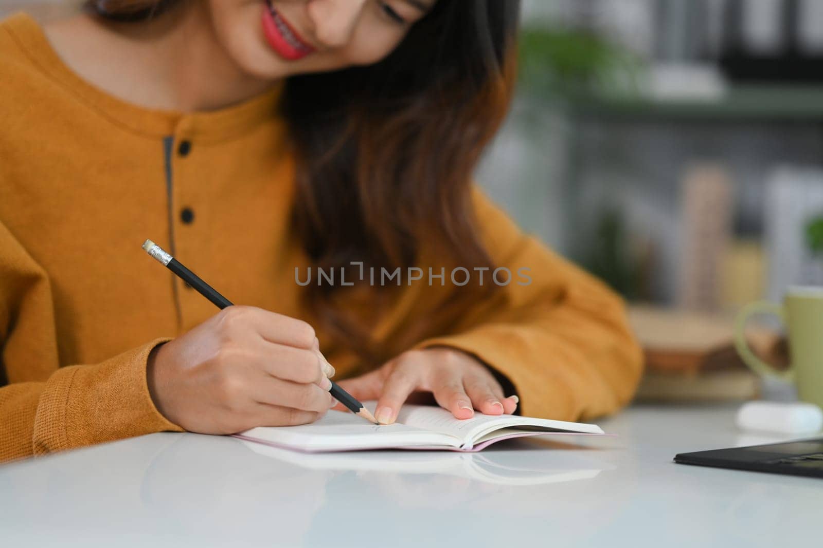 Smiling young woman writing in a journal or checking working schedule plan at desk.