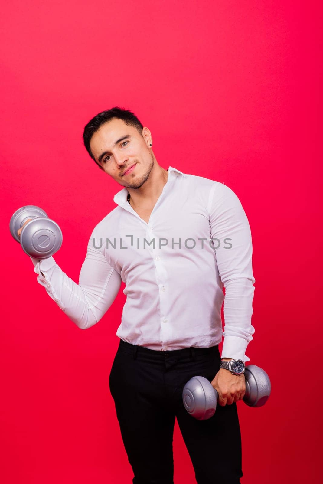 Portrait young fitness sporty strong man bare-chested muscular sportsman isolated on grey dark. by Zelenin