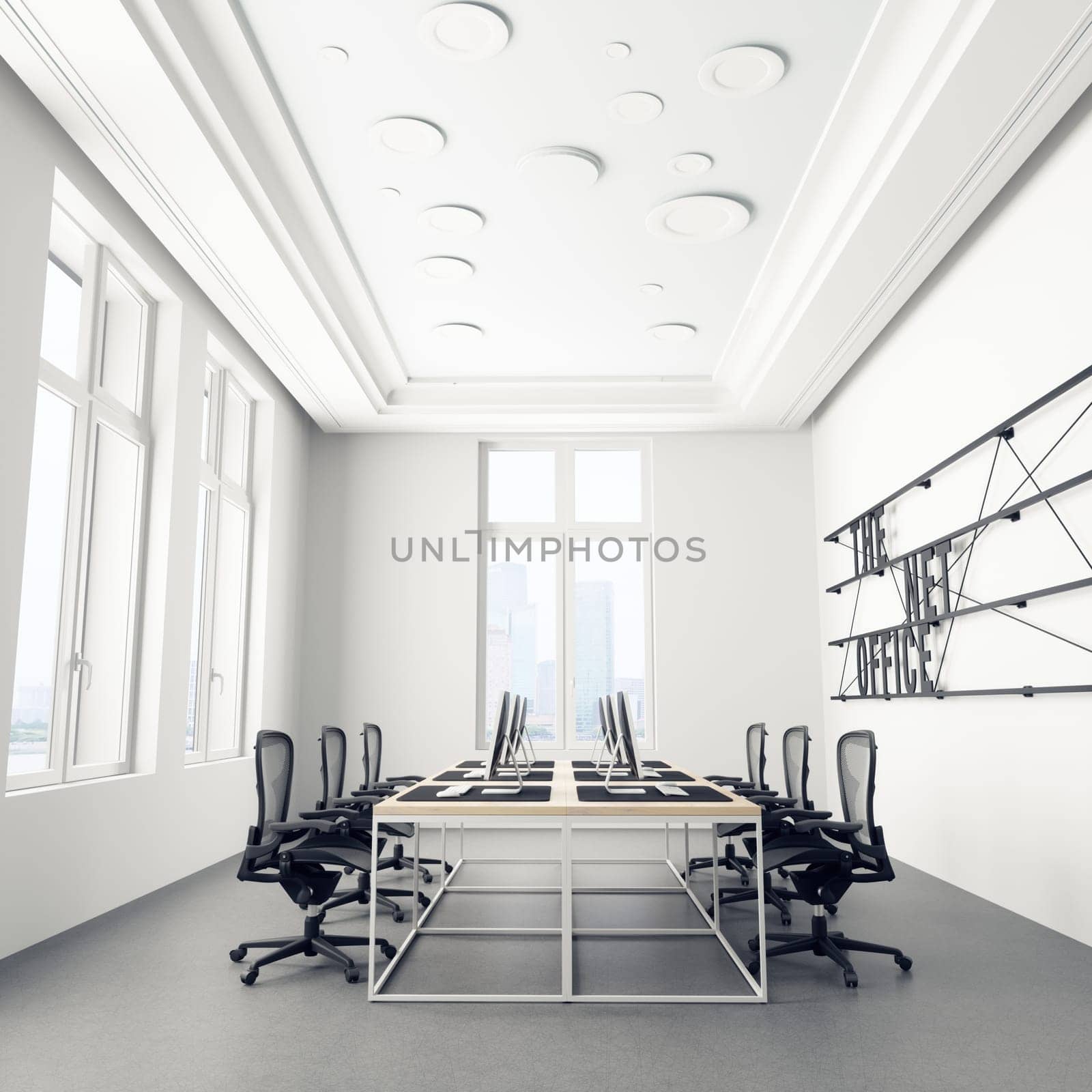 Modern office interior with white walls, concrete floor, white computer tables and black chairs. 3d rendering mock up