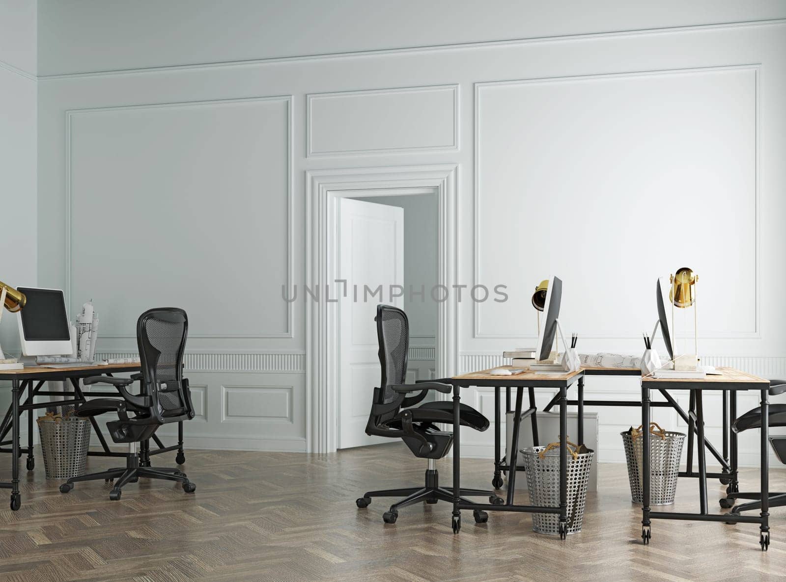 Modern office interior with white walls, concrete floor, white computer tables and black chairs. 3d rendering mock up