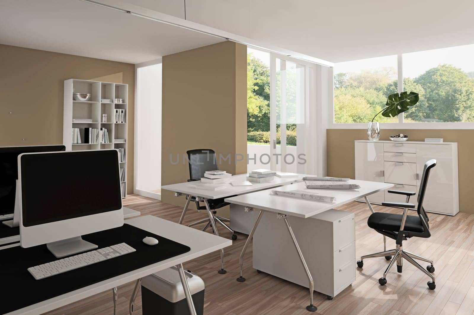 Interior of modern office with brown walls, wooden floor and white computer tables with chairs. 3d rendering