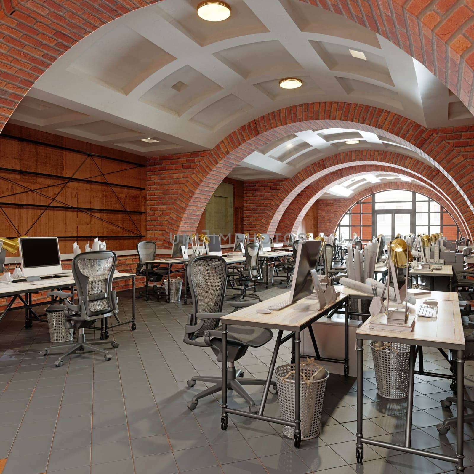 Interior of a modern office with brick walls and floor. 3d rendering