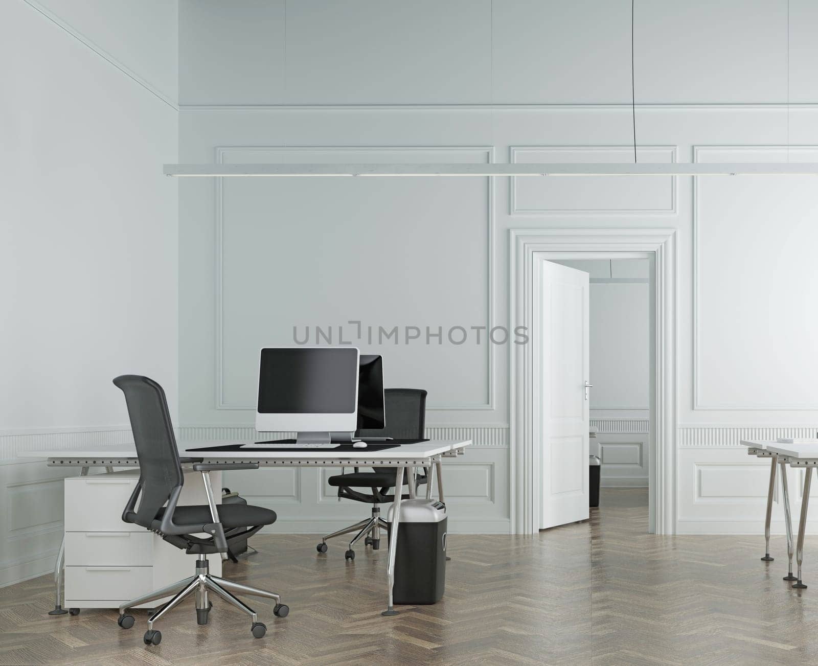 Modern office interior with white walls, concrete floor, white computer tables and black chairs. 3d rendering mock up