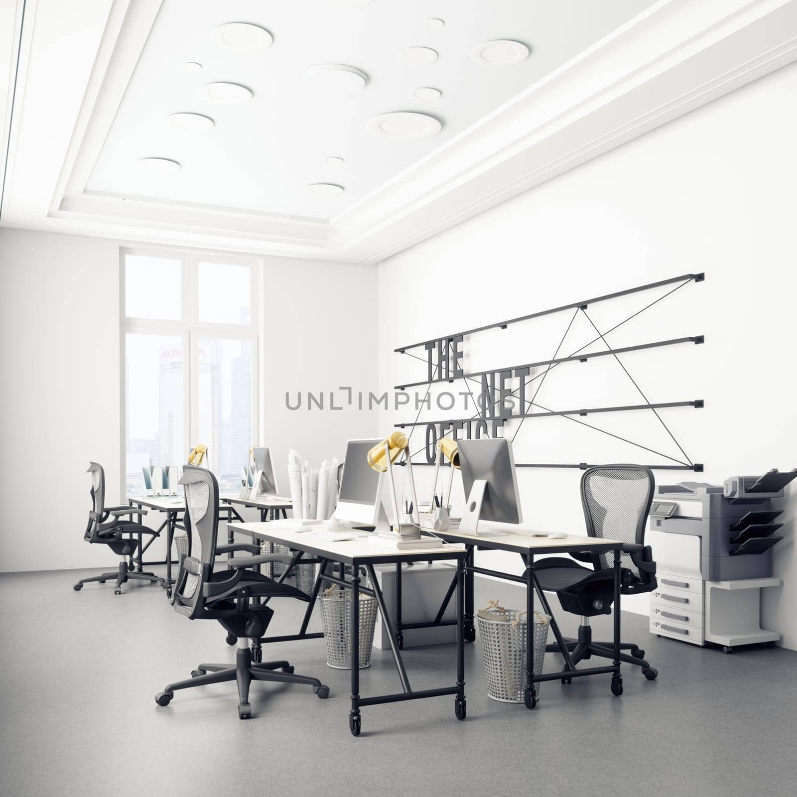 Modern office interior with white walls, concrete floor, white computer tables and black chairs. 3d rendering mock up