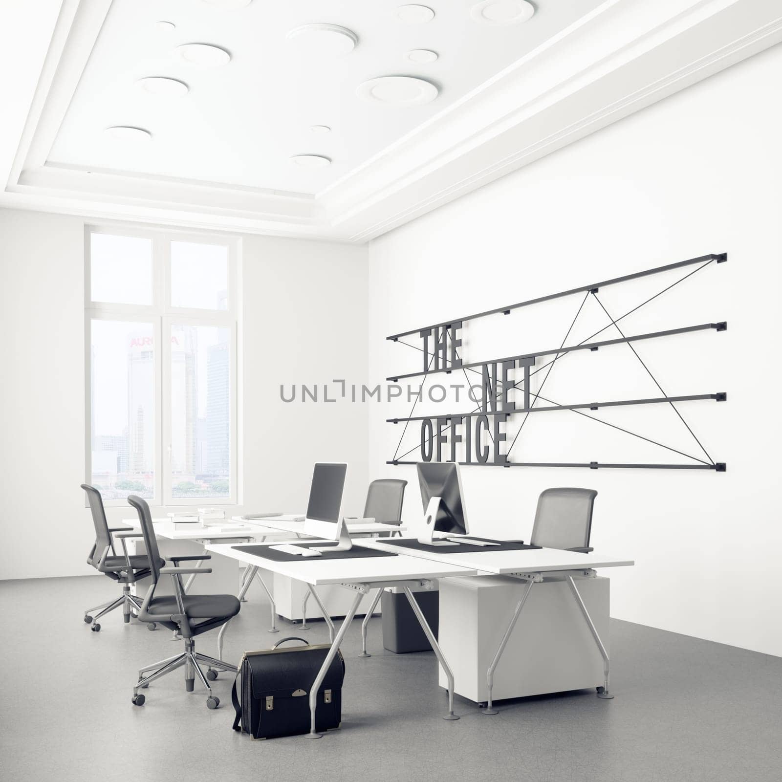 Modern office interior with white walls, concrete floor, white computer tables and black chairs. 3d rendering mock up