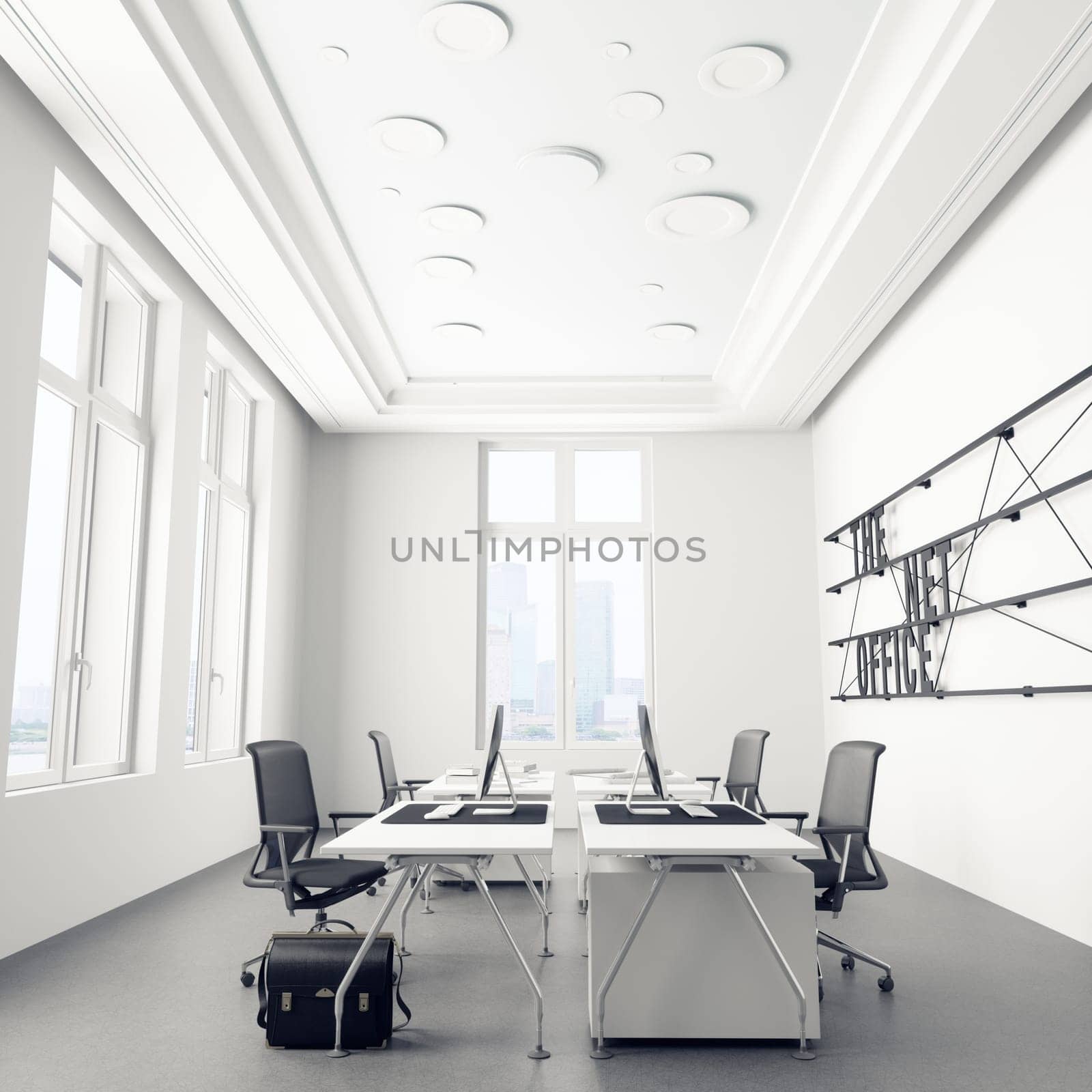 Modern office interior with white walls, concrete floor, white computer tables and black chairs. 3d rendering mock up