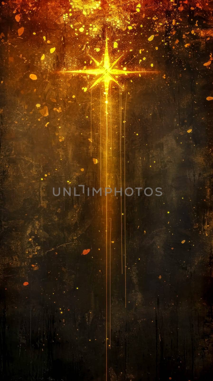 Golden cross radiating light amidst a mystical, dark backdrop, symbolizing hope and divinity, vertical
