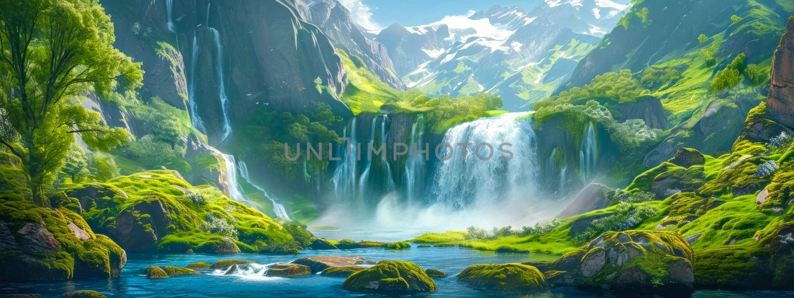 Verdant paradise with majestic waterfalls, a serene and lush haven within a mountain's embrace, banner