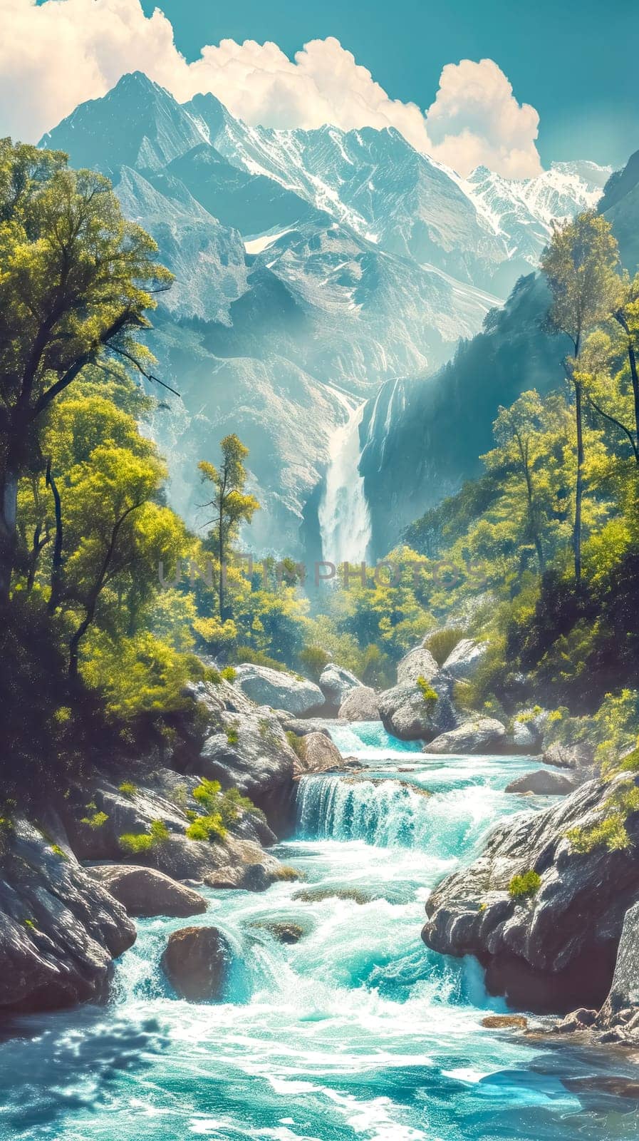 Cascading waterfall flowing through a mountainous landscape, flanked by vibrant flora under a sunlit sky, vertical