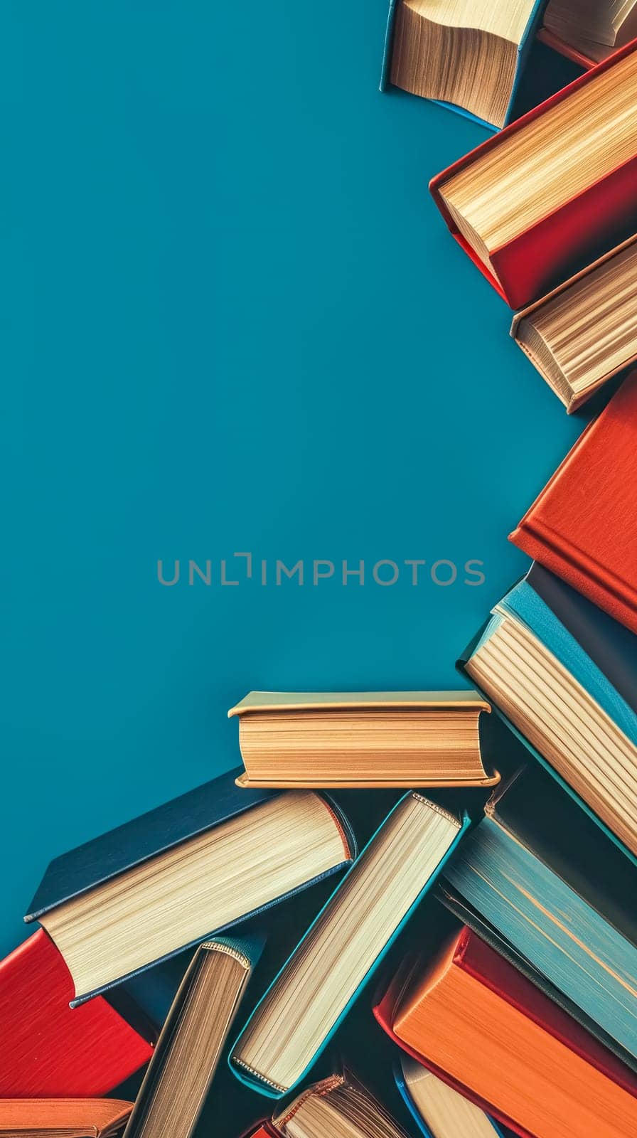 Hardcover books with colorful spines stacked against a teal background, a celebration of literature. by Edophoto