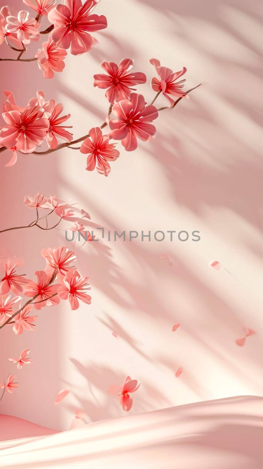 Soft coral blossoms casting delicate shadows on a warm pastel background, a dance of light and flora. vertical, copy space