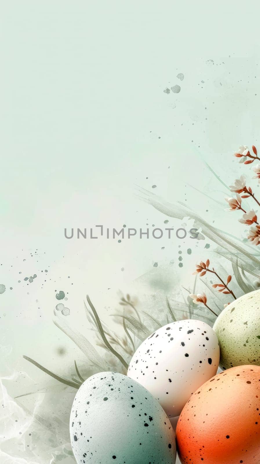 Speckled Easter eggs amid delicate spring flora, embodying the gentle spirit of the season, vertical, copy space