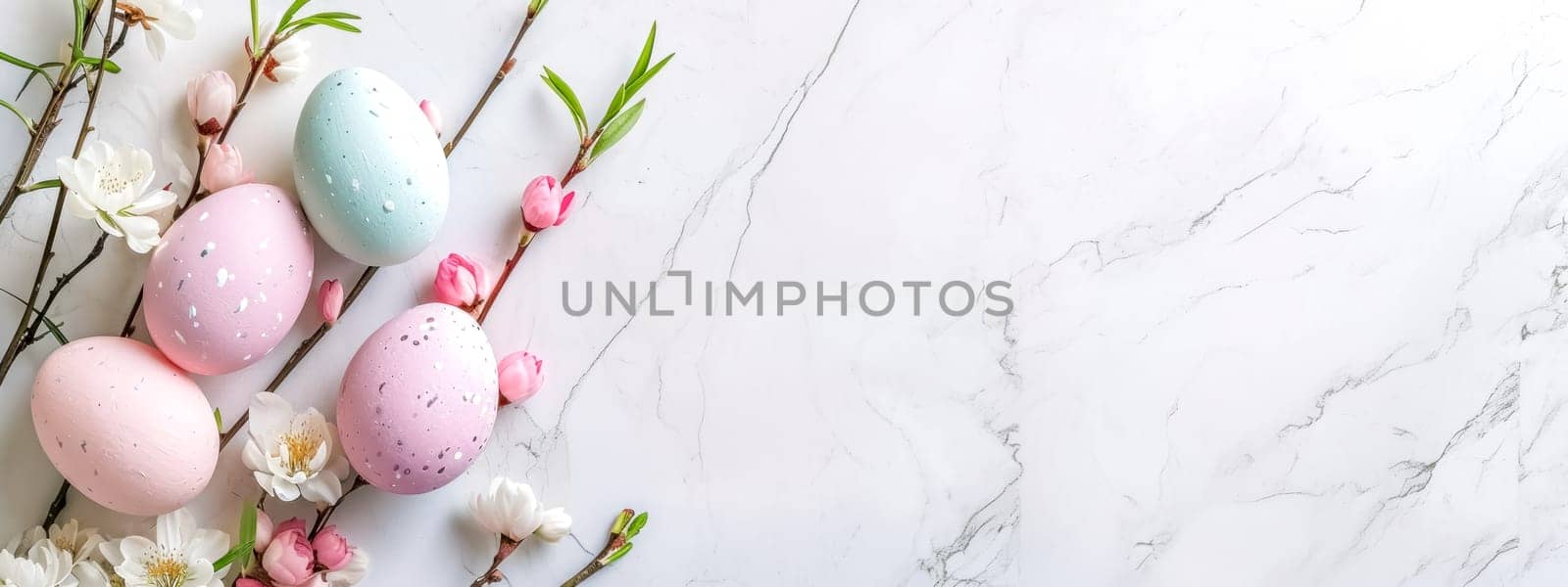 Pastel Easter eggs amidst spring blooms on marble, a serene and elegant celebration of the season, banner with copy space