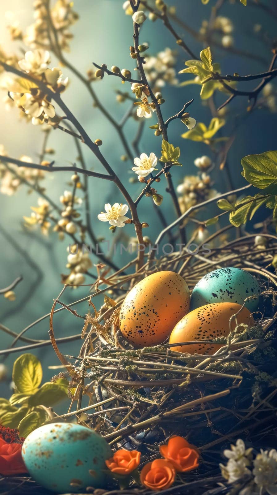 Easter eggs nestled in a natural nest, adorned with spring blossoms and vibrant leaves, heralding renewal by Edophoto