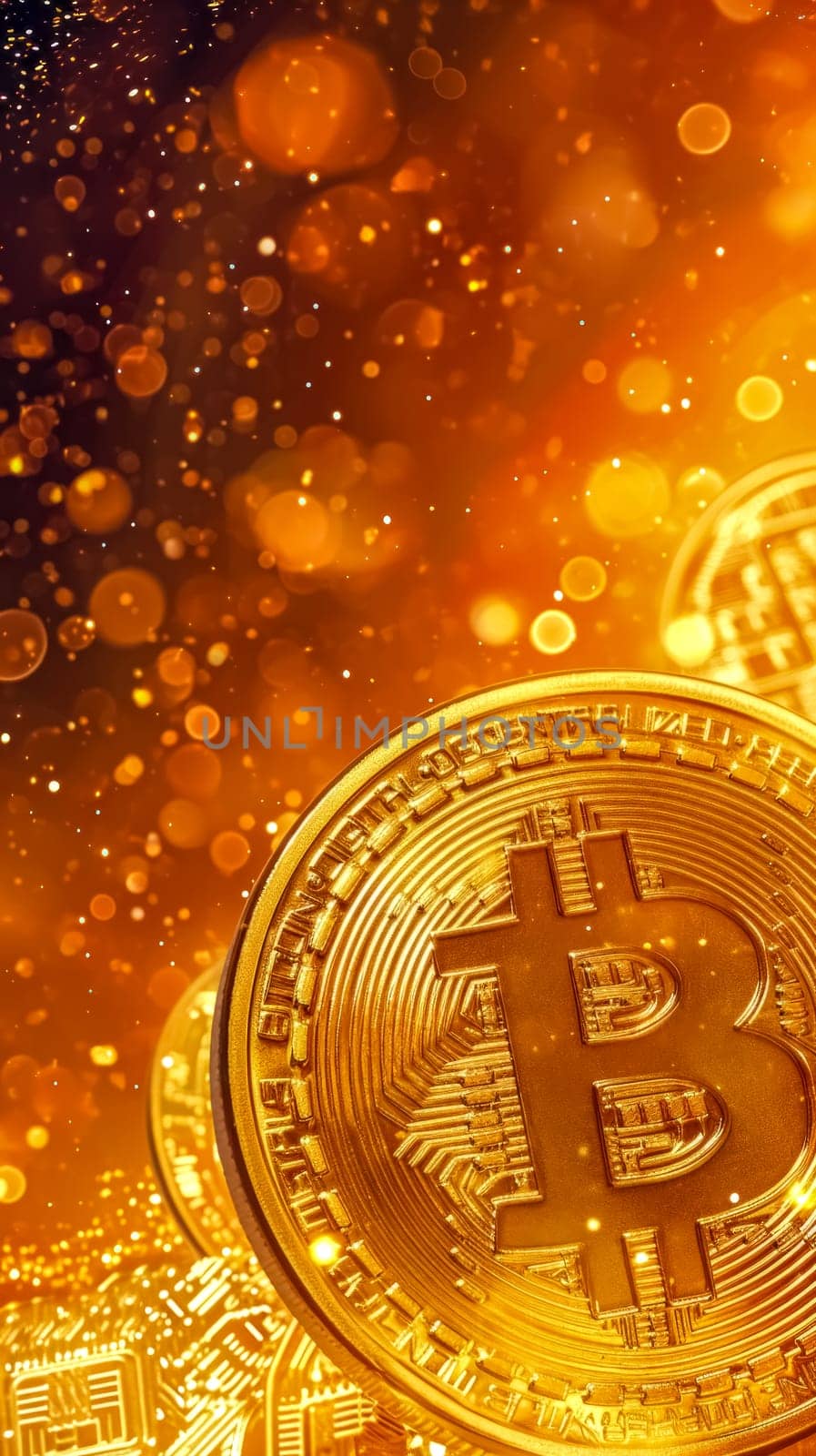 A gleaming Bitcoin coin against a vibrant backdrop of shimmering golden lights, embodying the dynamic and electrifying world of cryptocurrency investment and digital finance, vertical