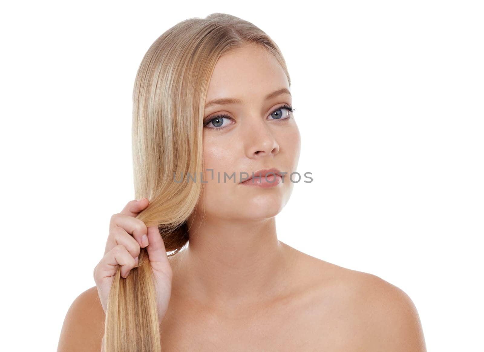 Woman, portrait and beauty with hair care in studio for cosmetics, keratin treatment and shampoo shine. Model, person and mock up space for skincare, collagen texture or hairstyle on white background.