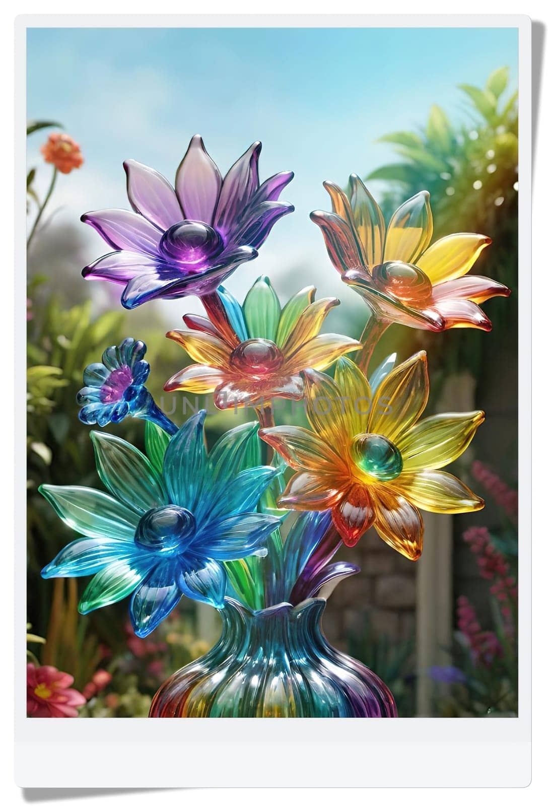 Colorful flowers in vase on a light background. 3D illustration.Glass ornaments.Colorful abstract background with flower.Colorful glass flower on a multicolored background.