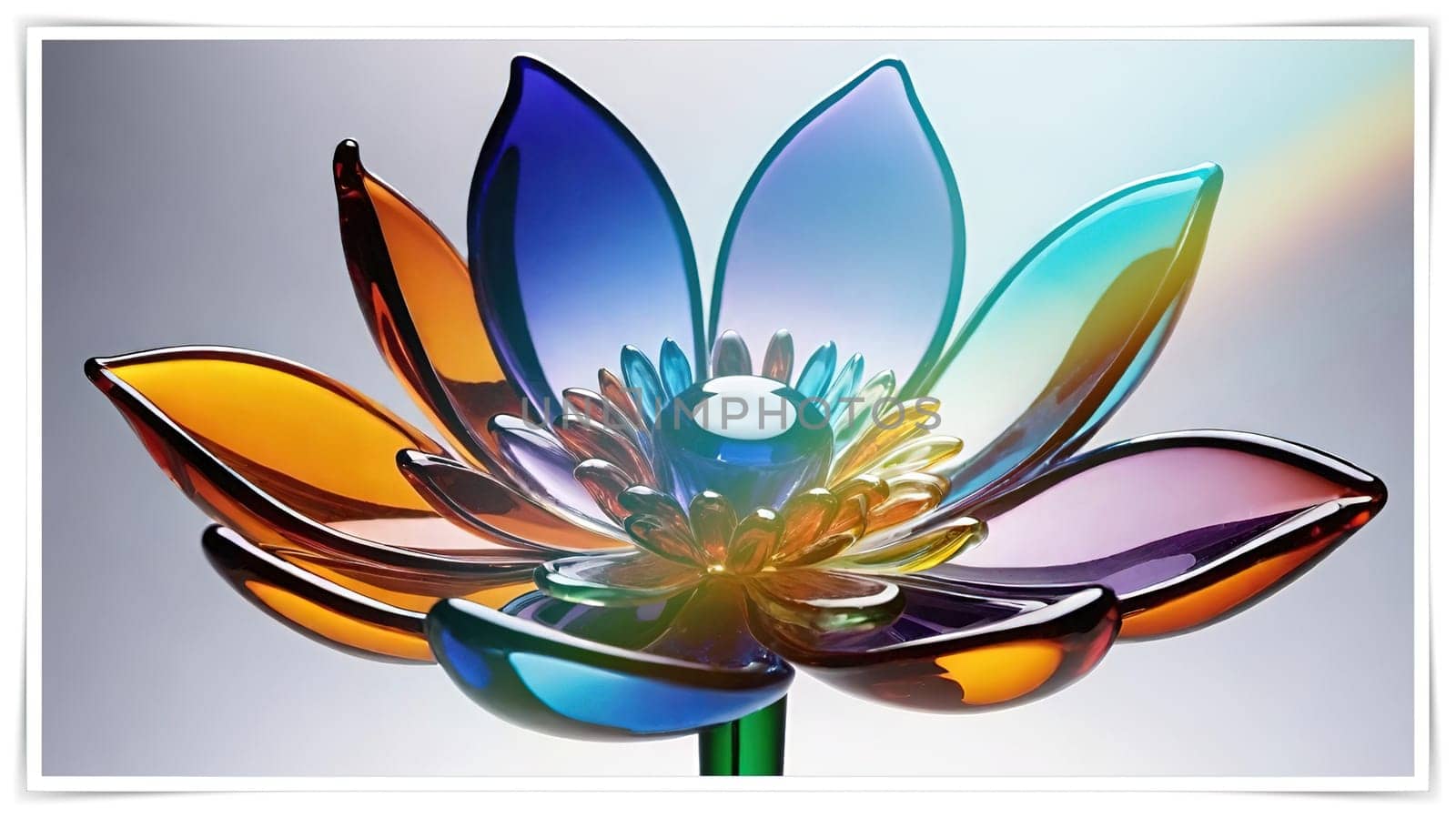 Colorful flowers in vase on a light background. 3D illustration.Glass ornaments.Colorful abstract background with flower.Colorful glass flower on a multicolored background.