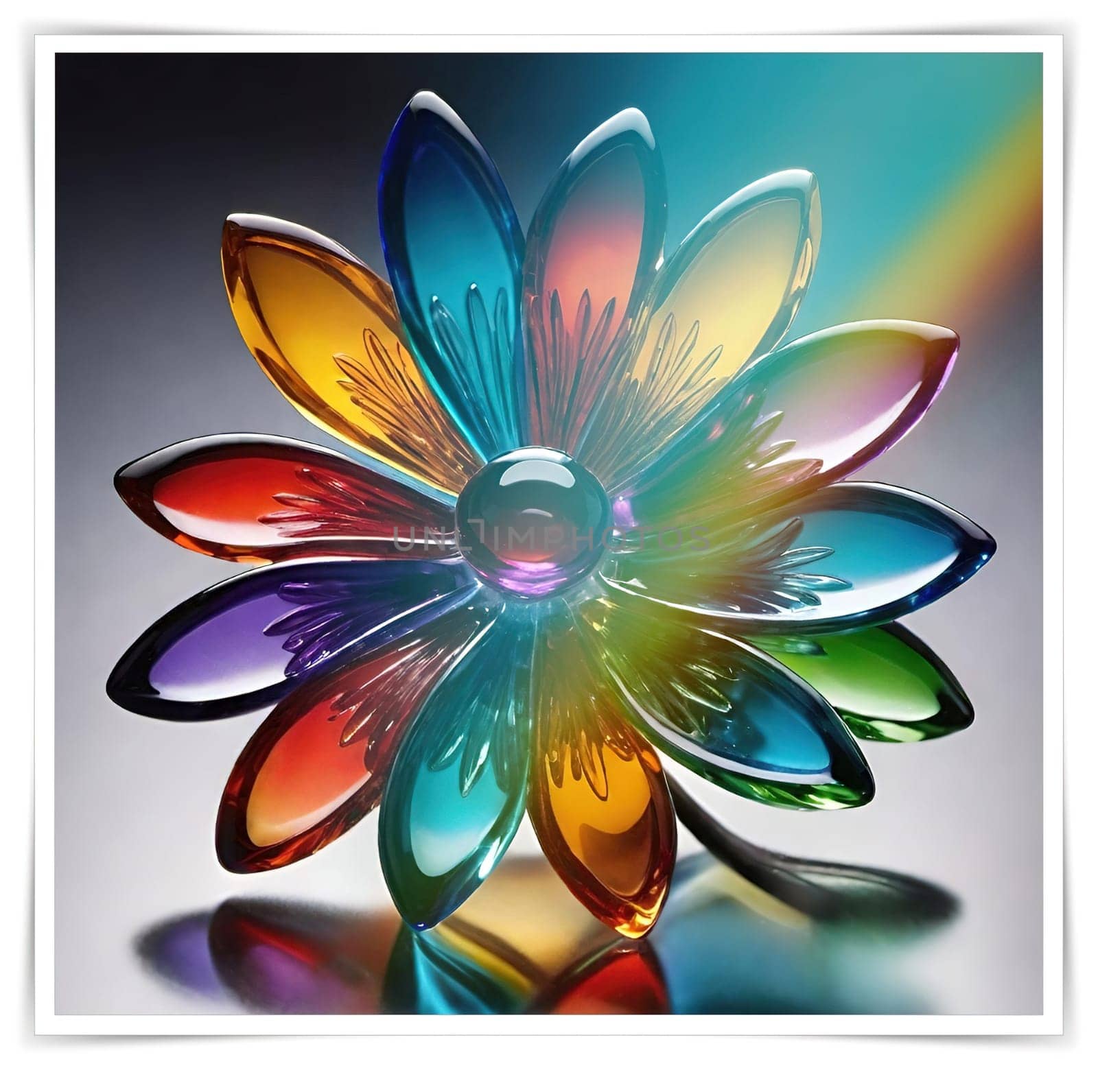 Colorful flowers in vase on a light background. 3D illustration.Glass ornaments.Colorful abstract background with flower.Colorful glass flower on a multicolored background.