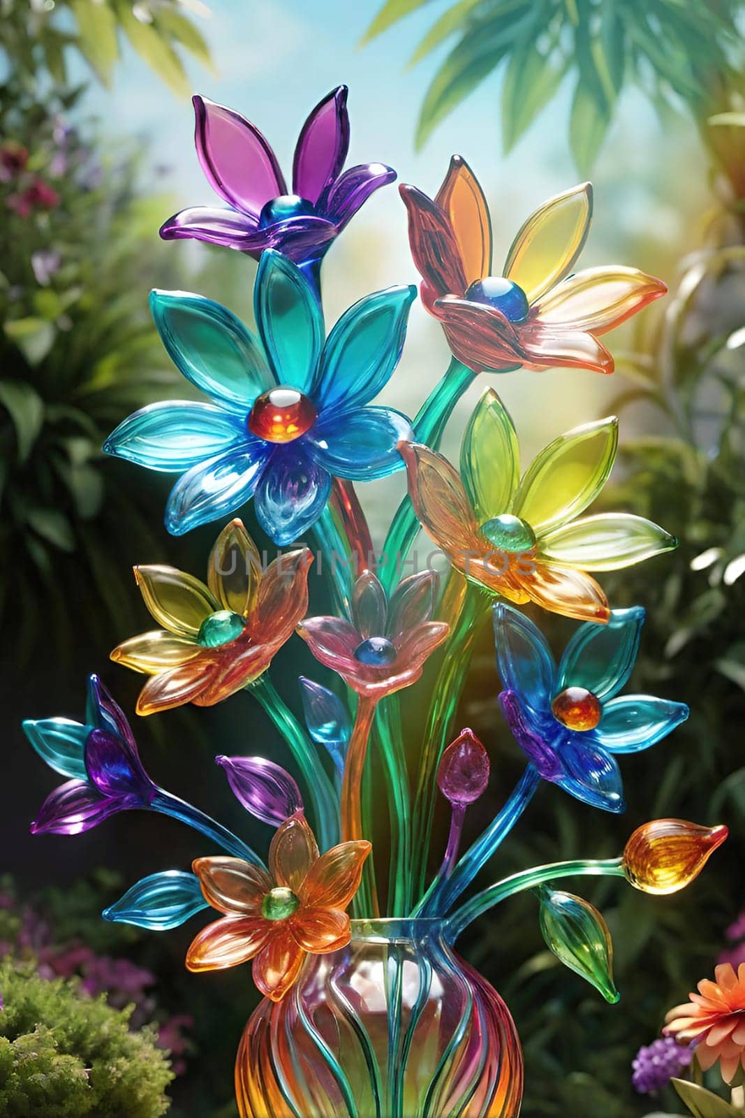 Colorful glass flower on a multicolored background. by yilmazsavaskandag