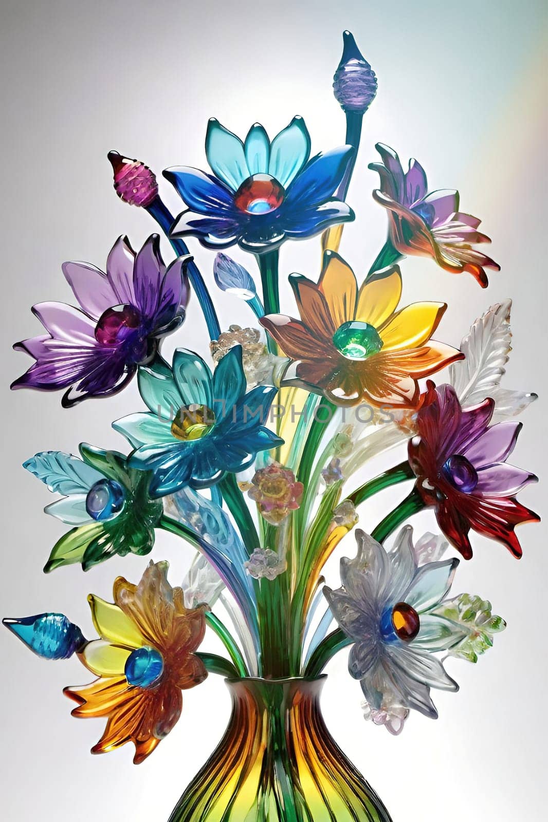 Colorful flowers in vase on a light background. 3D illustration.Glass ornaments.Colorful abstract background with flower.Colorful glass flower on a multicolored background.