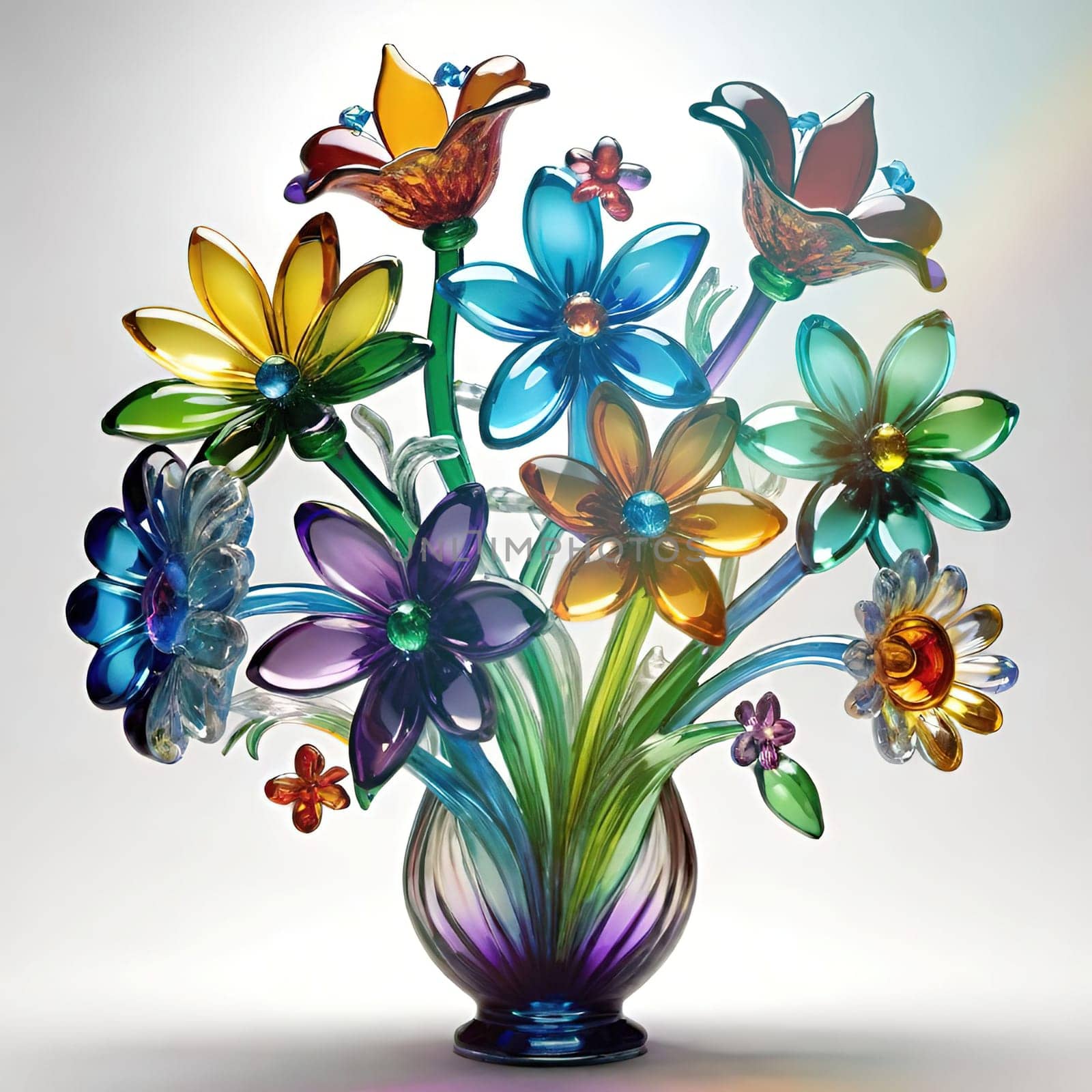 Colorful flowers in vase on a light background. 3D illustration.Glass ornaments.Colorful abstract background with flower.Colorful glass flower on a multicolored background.