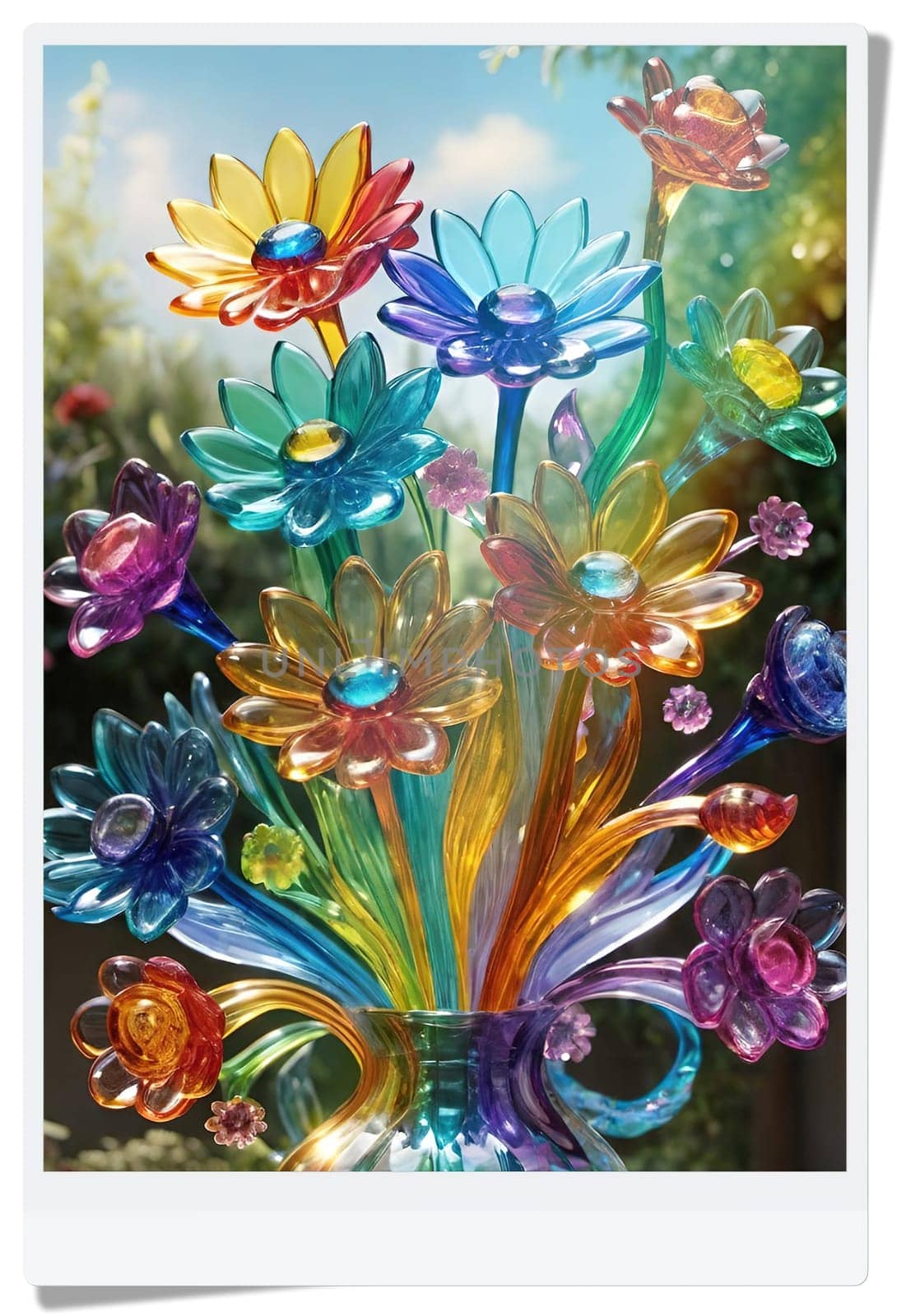 Colorful flowers in vase on a light background. 3D illustration.Glass ornaments.Colorful abstract background with flower.Colorful glass flower on a multicolored background.