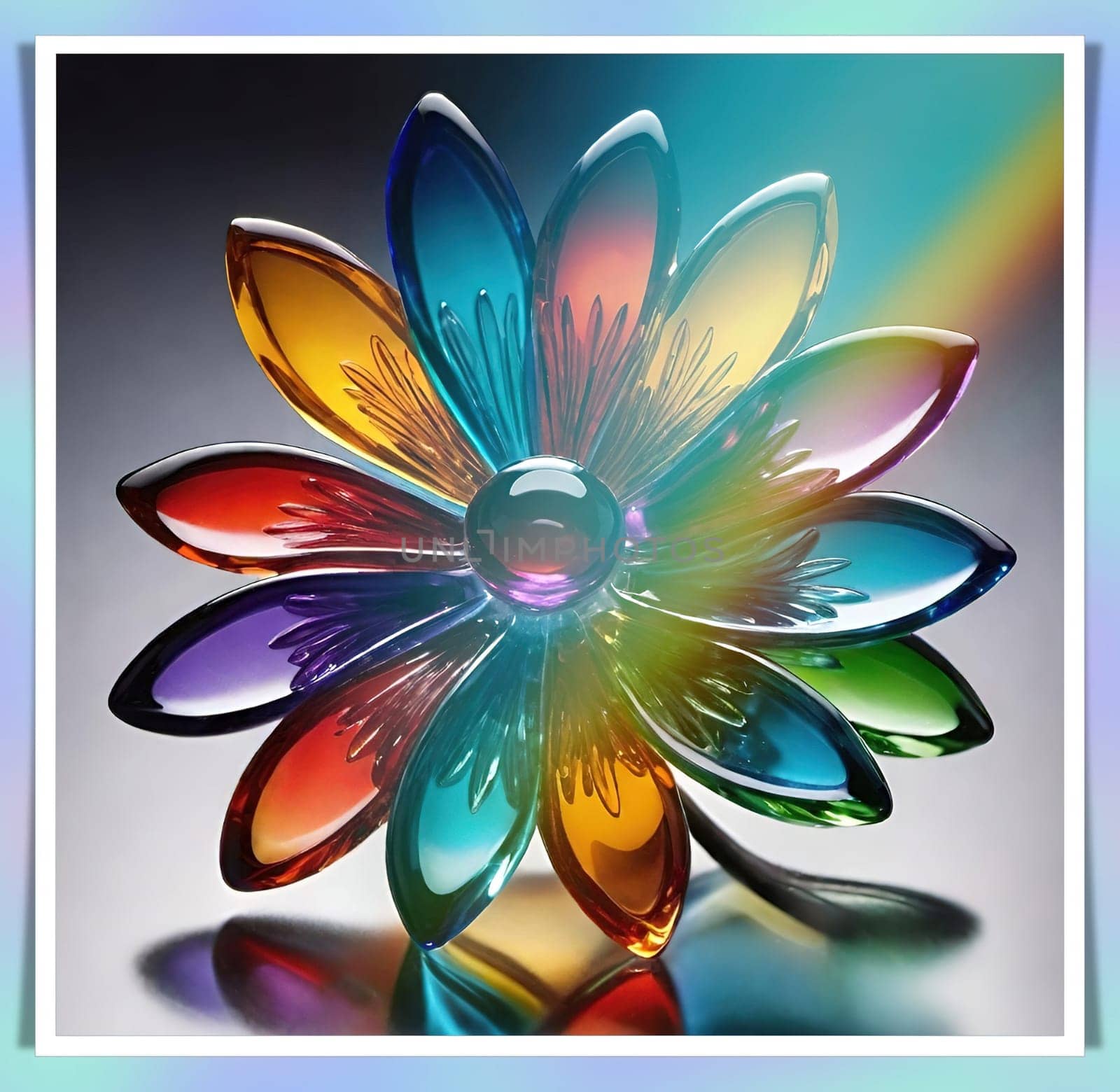 Colorful flowers in vase on a light background. 3D illustration.Glass ornaments.Colorful abstract background with flower.Colorful glass flower on a multicolored background.