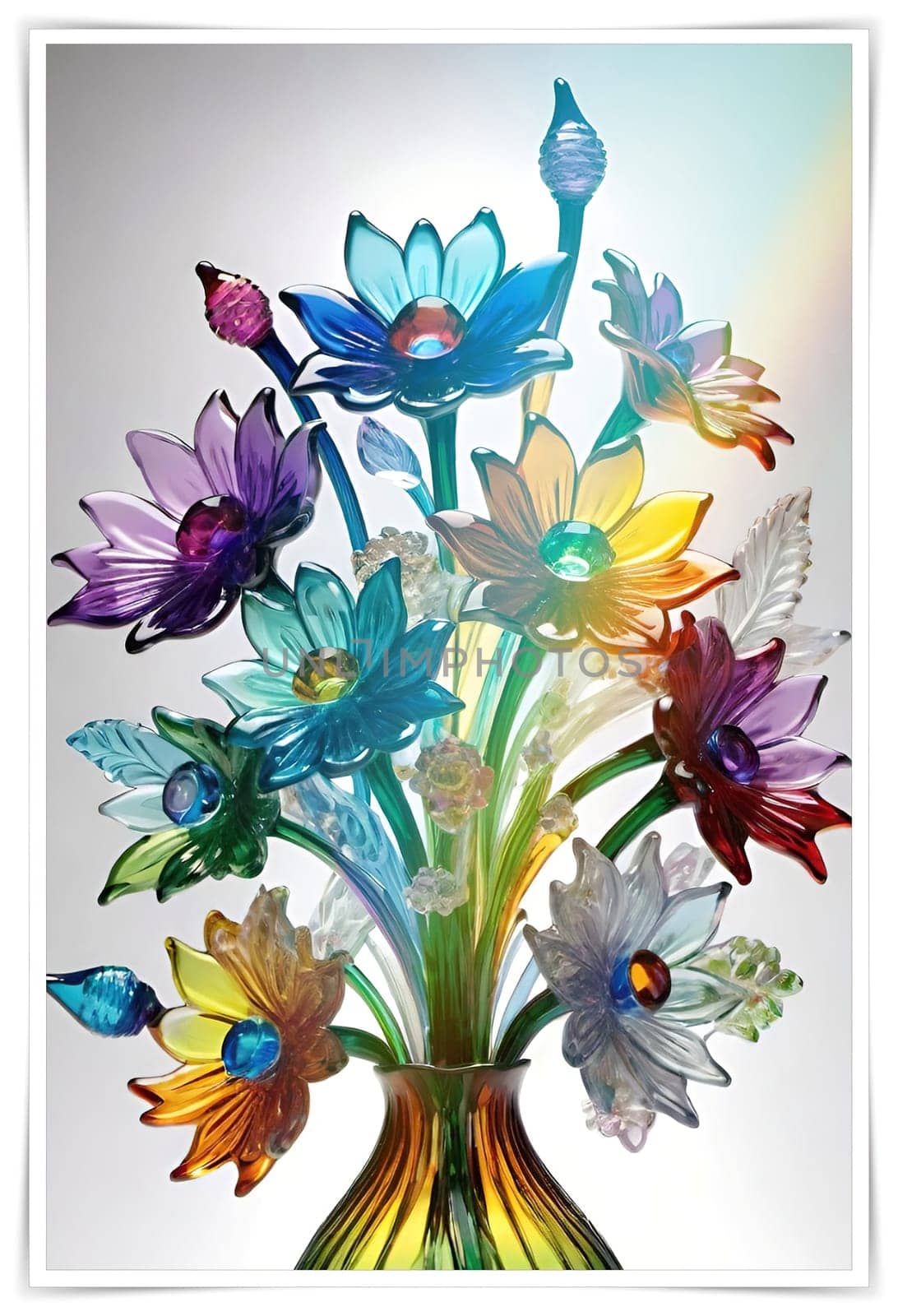 Colorful flowers in vase on a light background. 3D illustration.Glass ornaments.Colorful abstract background with flower.Colorful glass flower on a multicolored background.